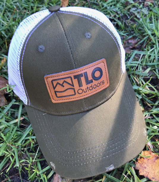 Distressed Style Trucker Cap with Leather Patch (from Above)_Green  - TLO Outdoors