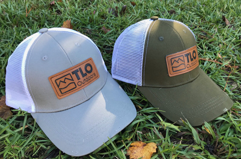 Load image into Gallery viewer, Distressed Style Trucker Cap with Leather Patch (On the Lawn) - TLO Outdoors
