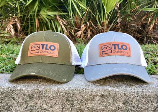 TLO Outdoors Distressed Style Trucker Cap with Leather Patch (Front View) - TLO Outdoors