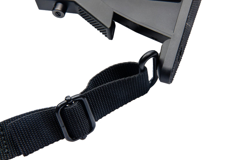 Load image into Gallery viewer, Image demonstrating the TLO Outdoors QD Sling Adapter connecting nylon strap to sling loop