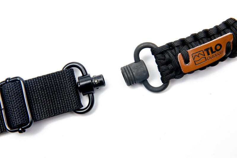 Load image into Gallery viewer, Image showing how a QD push button sling swivel would insert into TLO Outdoors paracord QD Swivel to Sling Loop Adapter would work