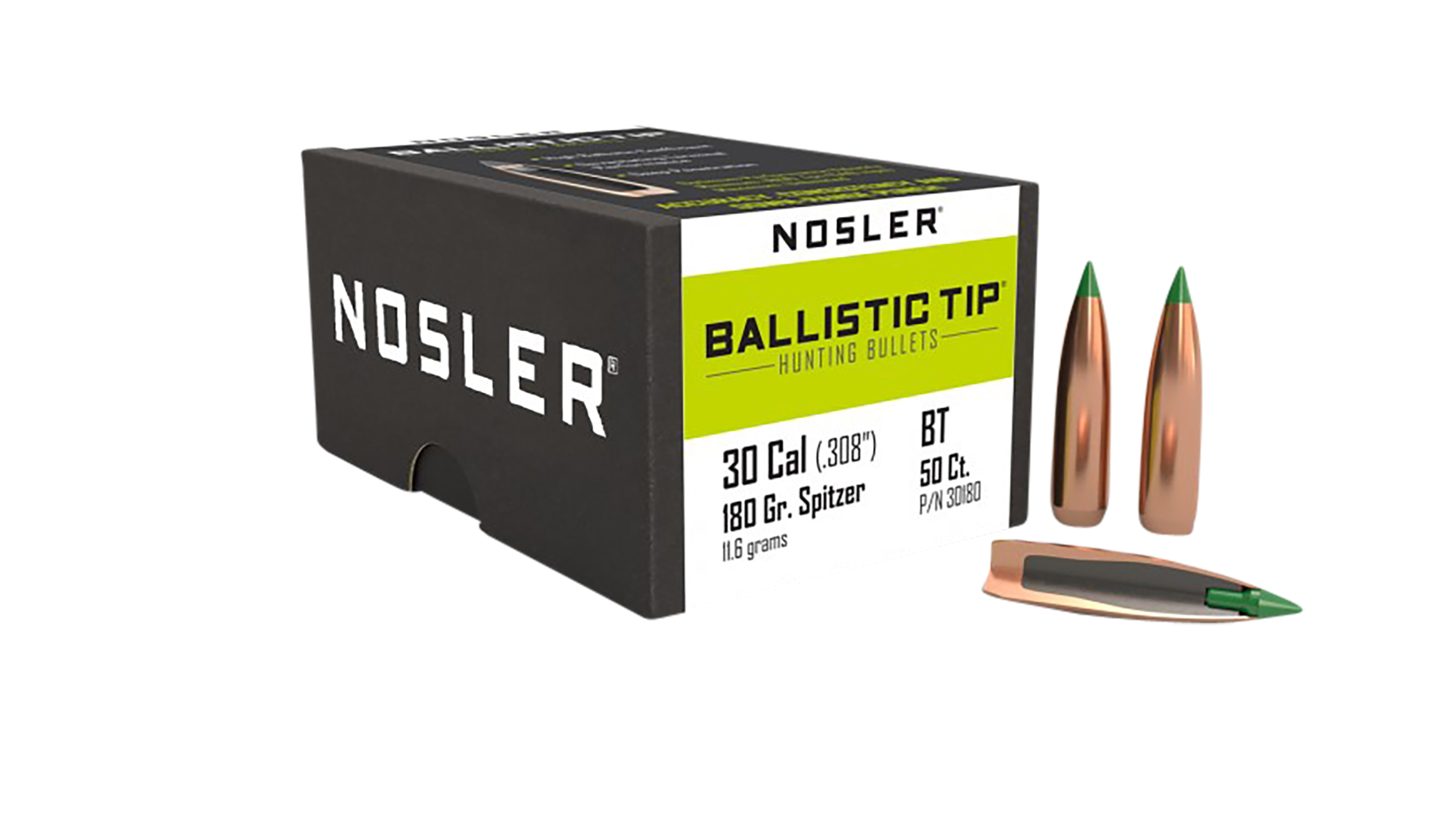 Nosler Ballistic Tip Hunting Bullets .30 Caliber 180 Grain Spitzer Pol ...