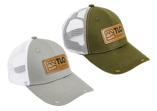 Distressed Style Trucker Cap with Leather Patch (Gray & Green) - TLO Outdoors