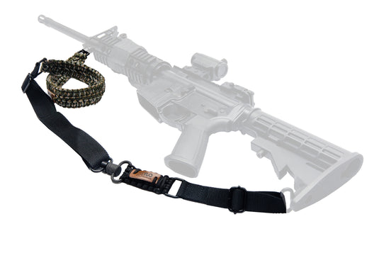 Usage image of TLO Outdoors QD Sling adapter, connected to sling loop and then a QD Sling on AR-15